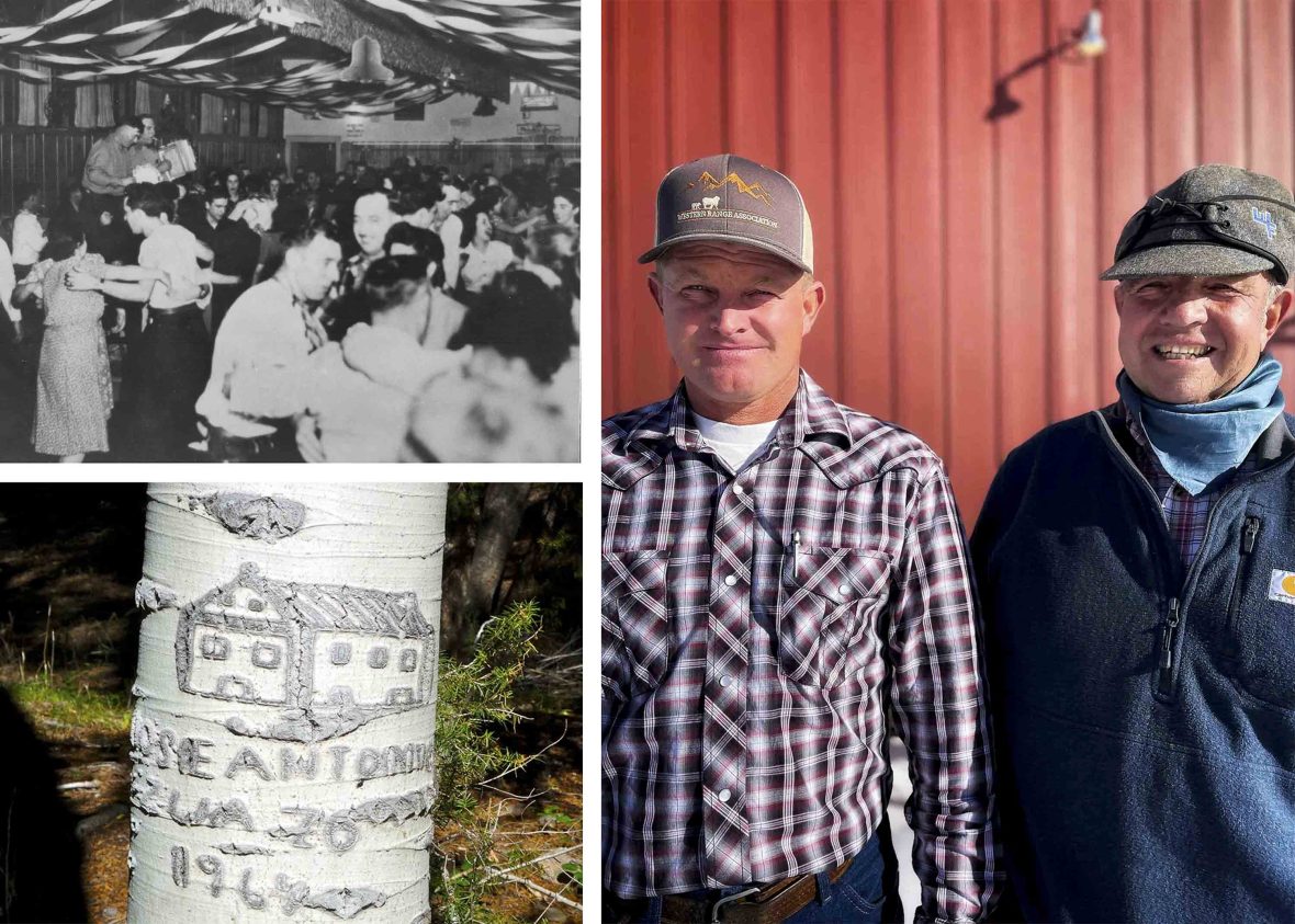 Top ;eft: An old black and white photo of sheep herders at a ball. Bottom left: An arborglyph. Right: Two men against a red background.